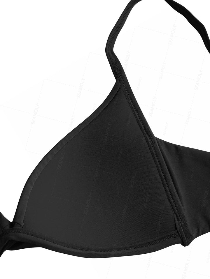 Seamolly Black Color Crisscross Twisted Ruched Gathering & Support Triangle Bikini Set