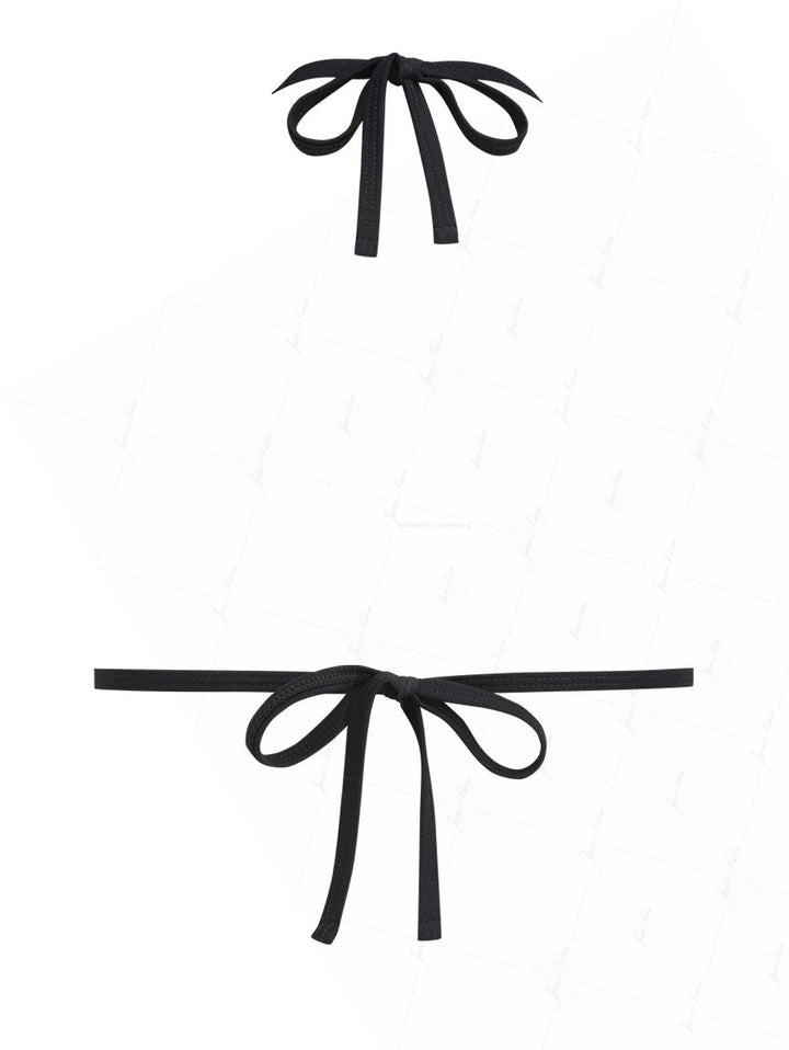 Black Pin Dot Jacquard Fabric Halter Triangle Bikini Top