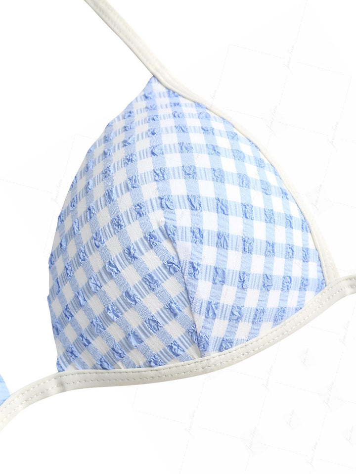 Light Blue Bubble Grid Textured Halter Triangle Bikini Top