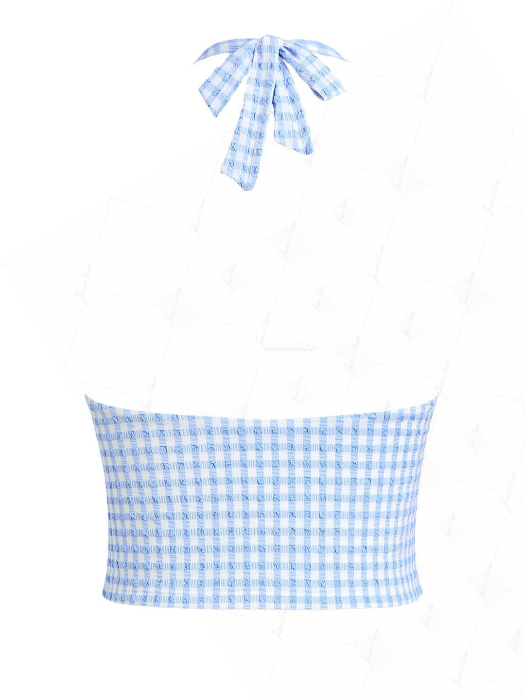 Light Blue Bubble Grid Textured Plunging Neck Halter Tied Tankini Top