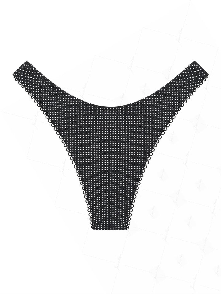 Black Pin Dot Jacquard Picot Trim High Leg Bikini Bottom