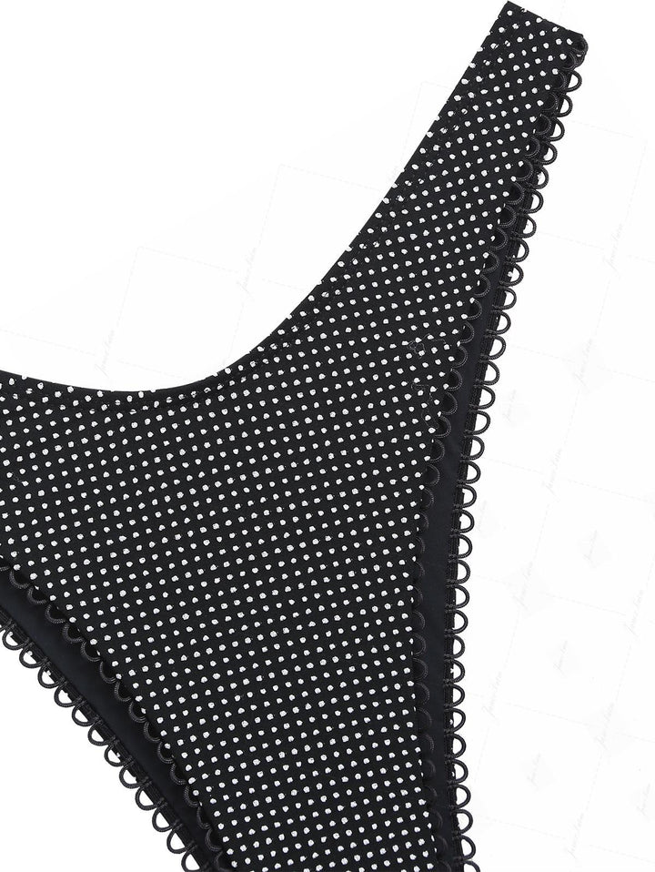 Black Pin Dot Jacquard Picot Trim High Leg Bikini Bottom