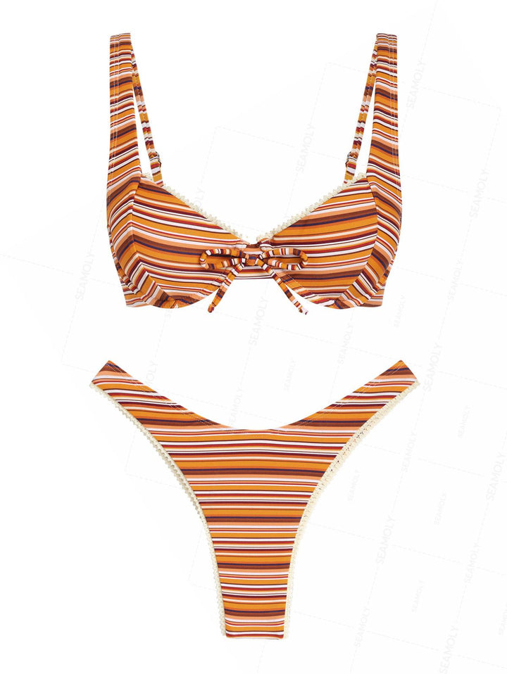 Seamolly Striped Lace Bowknot Underwire High Leg Bikini Set