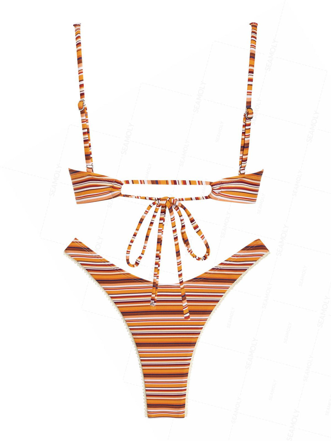 Seamolly Striped Lace Bowknot Underwire High Leg Bikini Set