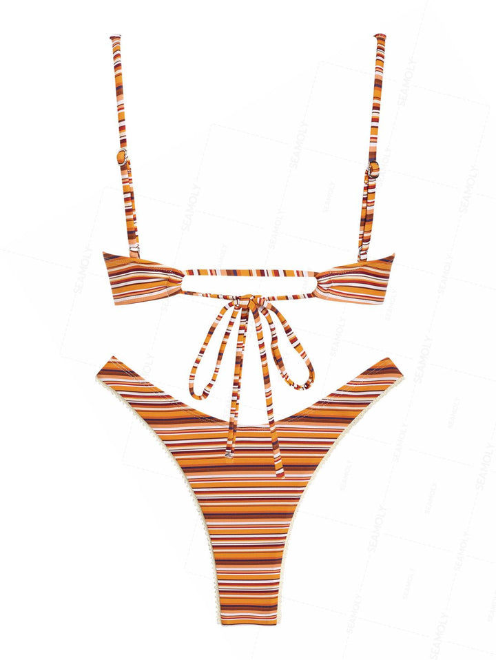 Seamolly Striped Lace Bowknot Underwire High Leg Bikini Set