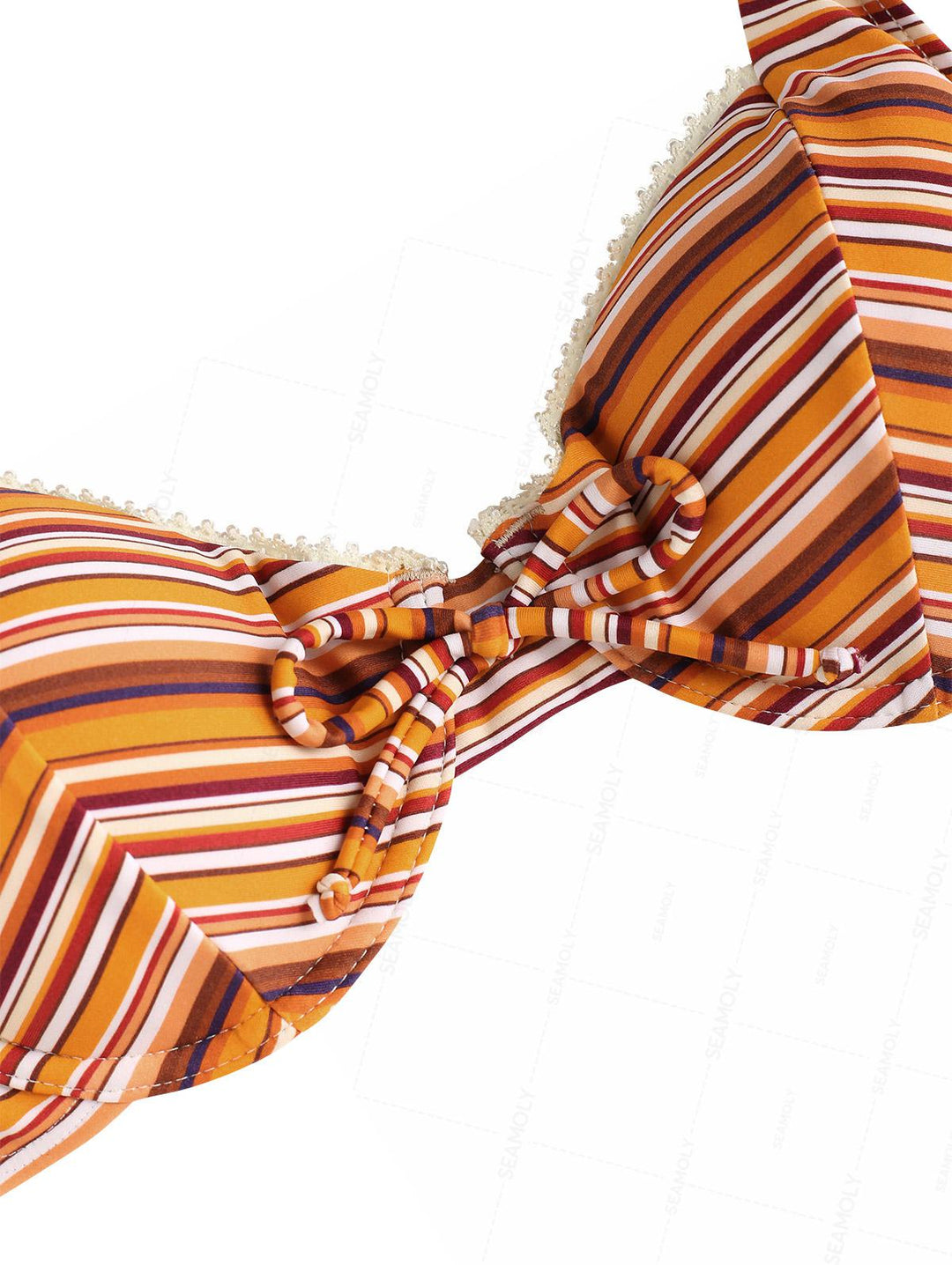 Seamolly Striped Lace Bowknot Underwire High Leg Bikini Set
