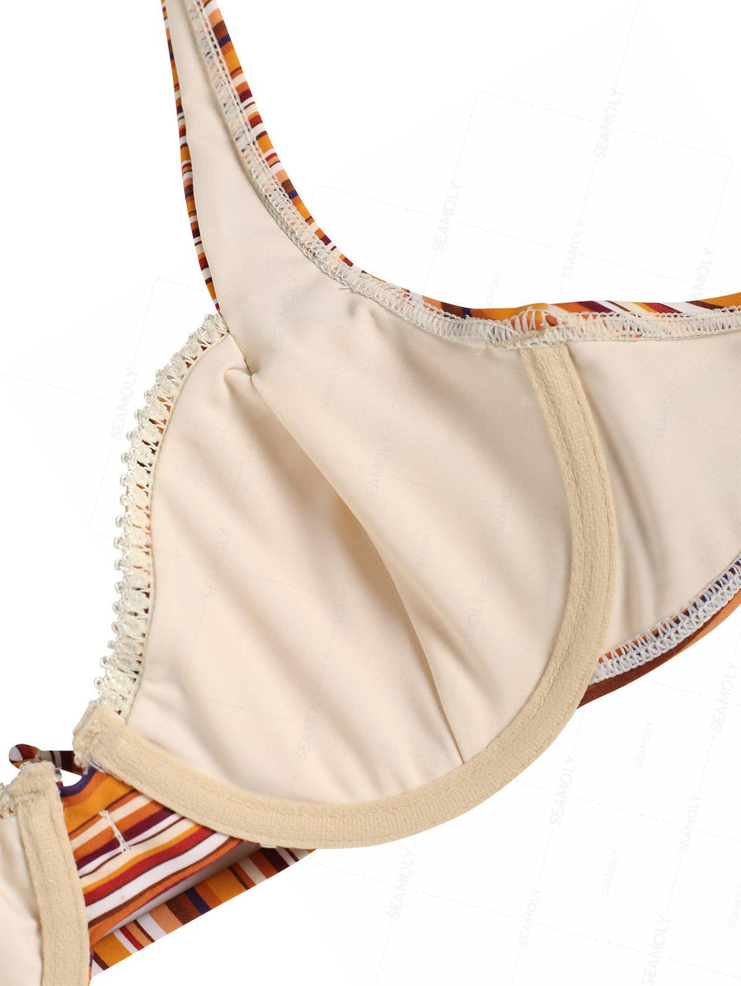 Seamolly Striped Lace Bowknot Underwire High Leg Bikini Set