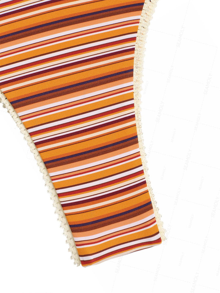 Seamolly Striped Lace Bowknot Underwire High Leg Bikini Set