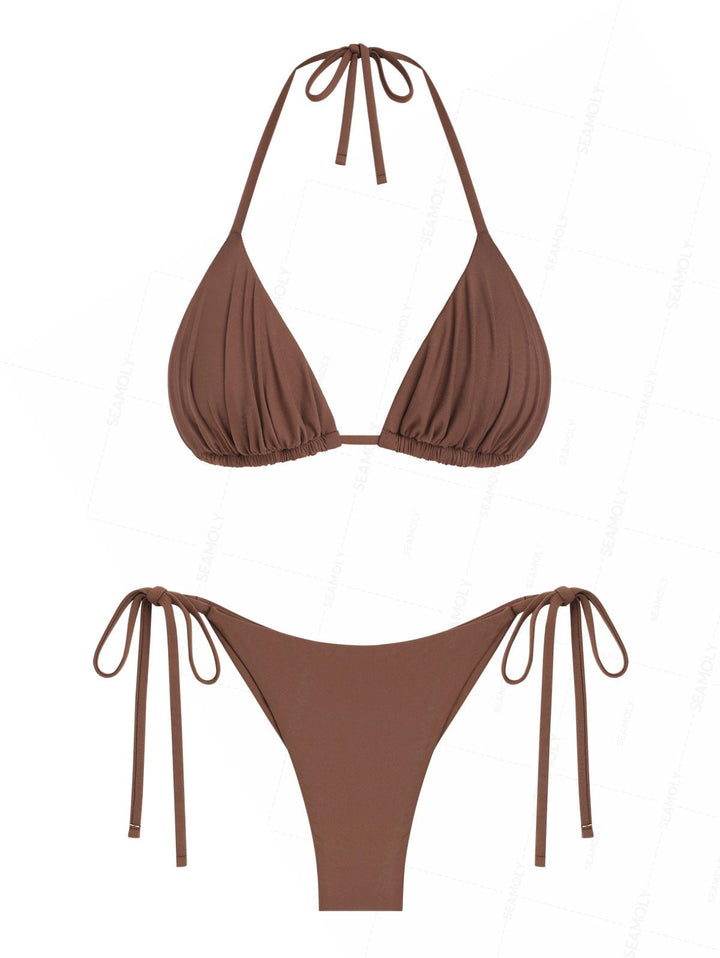 Seamolly Solid Color Ruched Halter Triangle Top & Brazilian Bottom Bikini Set
