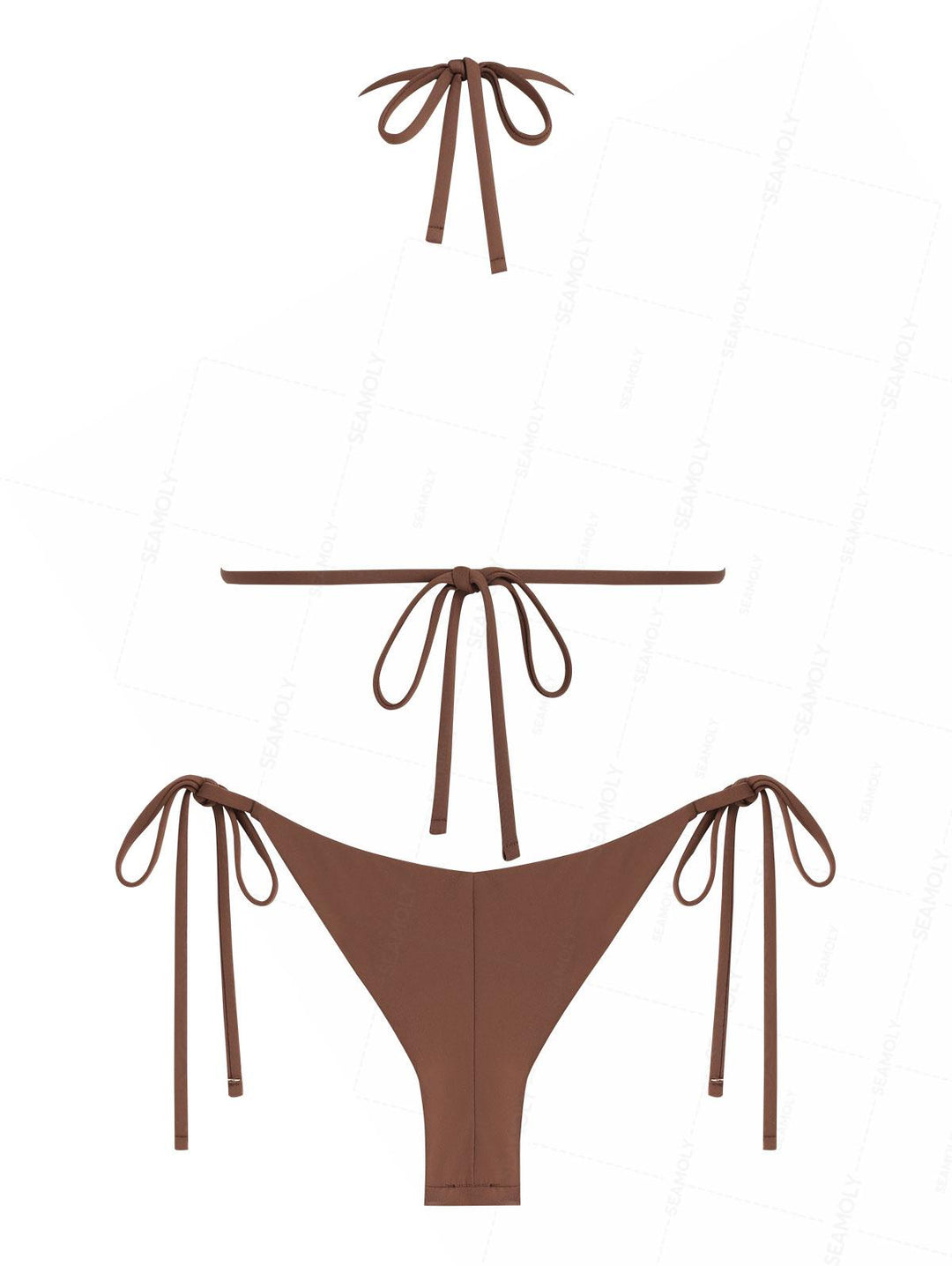 Seamolly Solid Color Ruched Halter Triangle Top & Brazilian Bottom Bikini Set