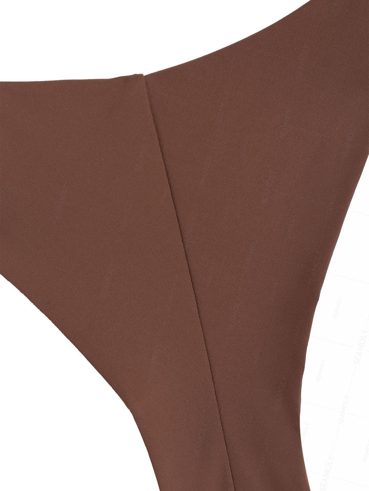 Seamolly Solid Color Ruched Halter Triangle Top & Brazilian Bottom Bikini Set