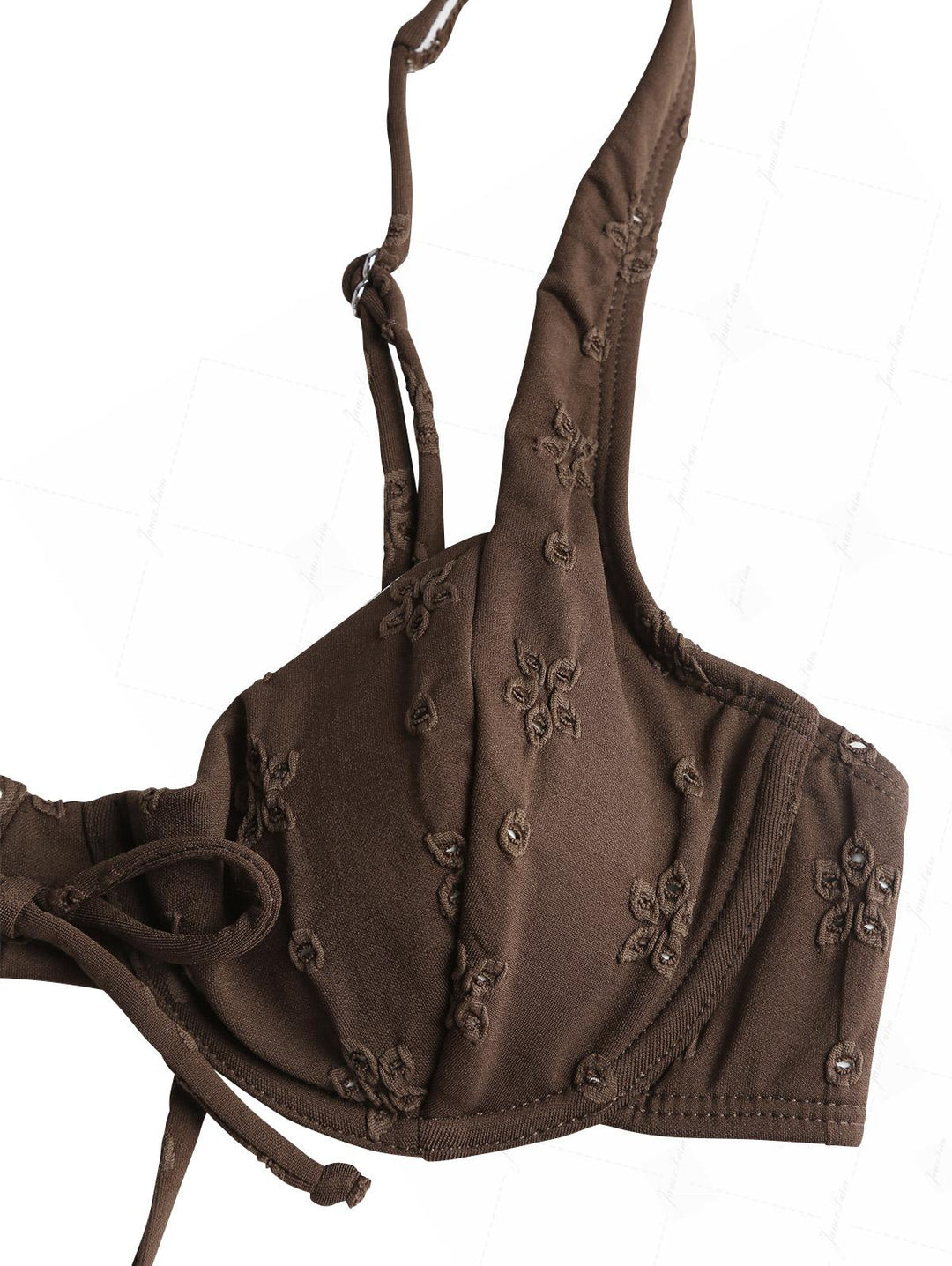 Deep Coffee Recycled Fabric Eyelet Jacquard Tied Underwire Bikini Top