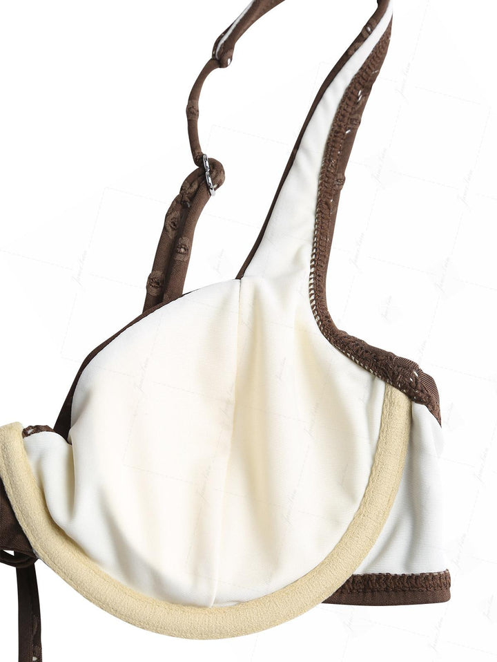 Deep Coffee Recycled Fabric Eyelet Jacquard Tied Underwire Bikini Top