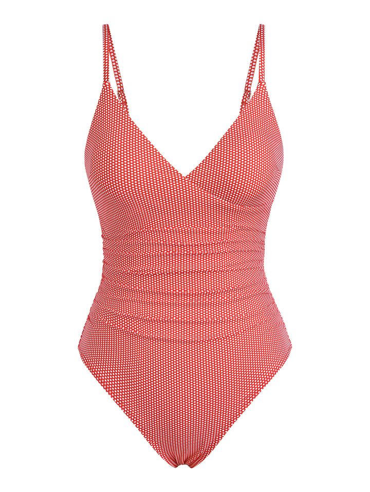 Seamolly 1950s Pin-Up Retro Vintage Polka Dot Surplice Ruched Cut Out V Neck One-piece Swimsuit