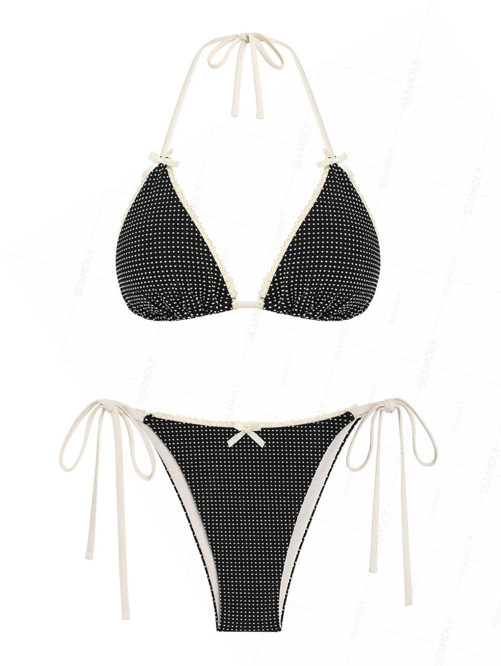 Seamolly Pin Dot Jacquard Lace Bowknot Halter Triangle Tie Side Bikini Set