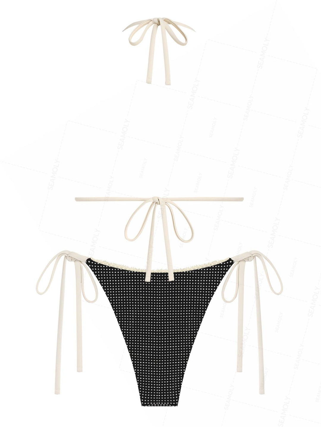 Seamolly Pin Dot Jacquard Lace Bowknot Halter Triangle Tie Side Bikini Set