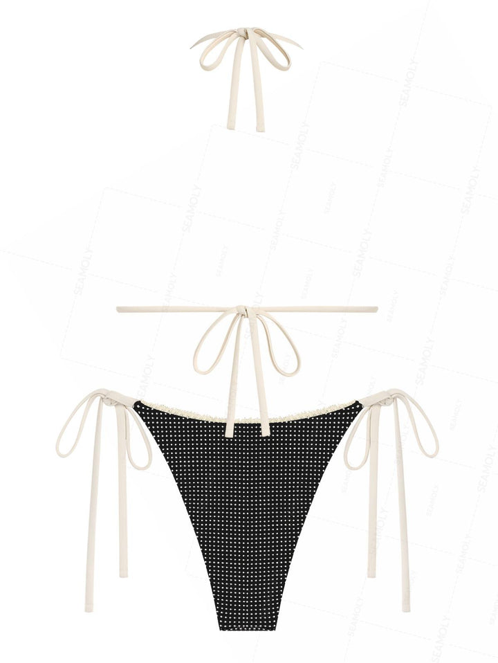 Seamolly Pin Dot Jacquard Lace Bowknot Halter Triangle Tie Side Bikini Set
