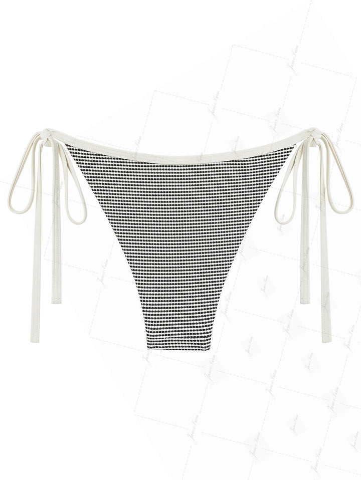 Crystal Cream Metallic Gold Yarn Knitted Fabric Ruffles Tie Side Bikini Bottom