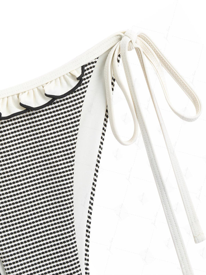 Crystal Cream Metallic Gold Yarn Knitted Fabric Ruffles Tie Side Bikini Bottom