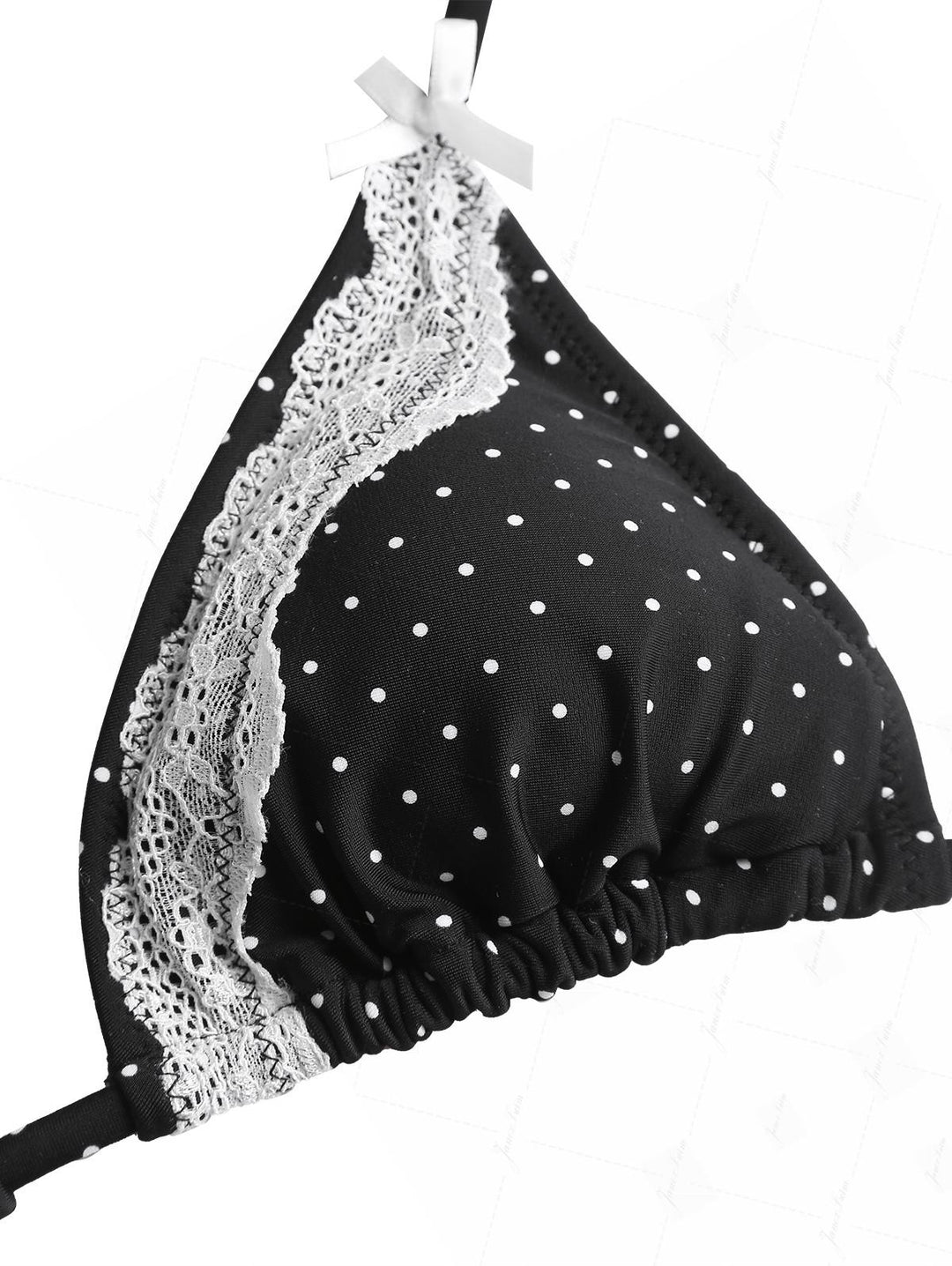 Janex Black Polka Dot Print Lace Bowknot Triangle Cheeky Boyshorts Bikini Set