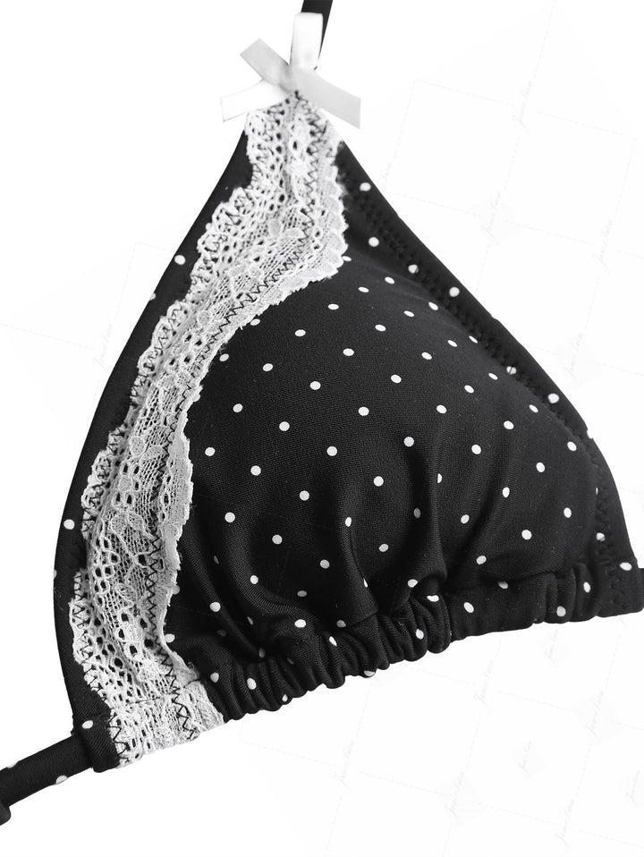 Janex Black Polka Dot Print Lace Bowknot Triangle Cheeky Boyshorts Bikini Set