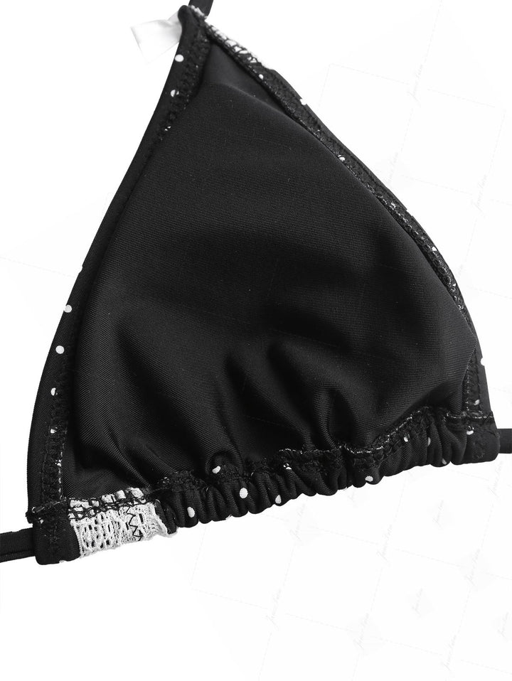 Janex Black Polka Dot Print Lace Bowknot Triangle Cheeky Boyshorts Bikini Set