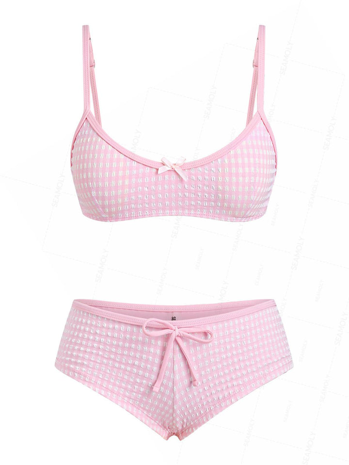 Seamolly Gingham Textured Bowknot Bralette Boyshorts Bikini Set