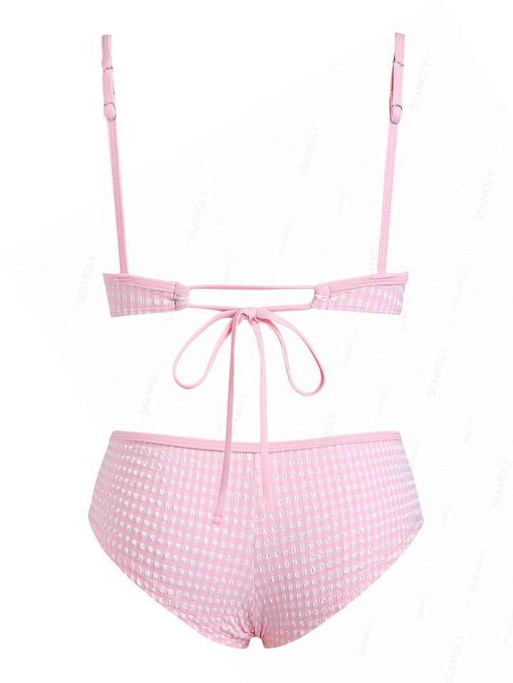Seamolly Gingham Textured Bowknot Bralette Boyshorts Bikini Set