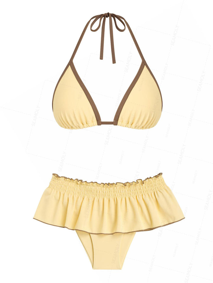 Seamolly Contrast Binding Smocked Ruffles Halter Triangle Skirtini Bikini Set