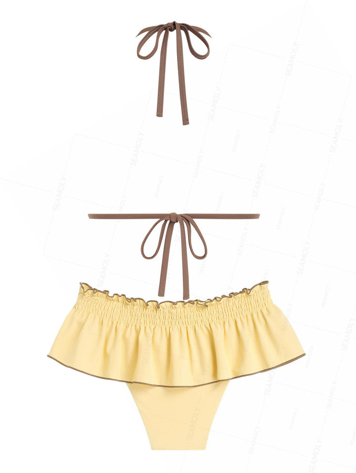 Seamolly Contrast Binding Smocked Ruffles Halter Triangle Skirtini Bikini Set