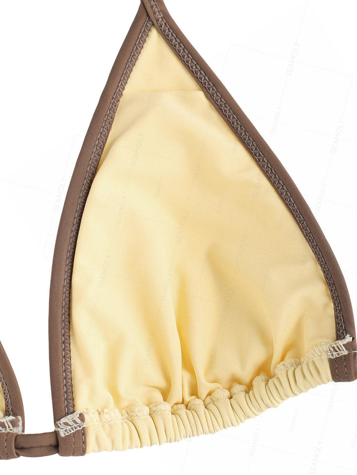 Seamolly Contrast Binding Smocked Ruffles Halter Triangle Skirtini Bikini Set