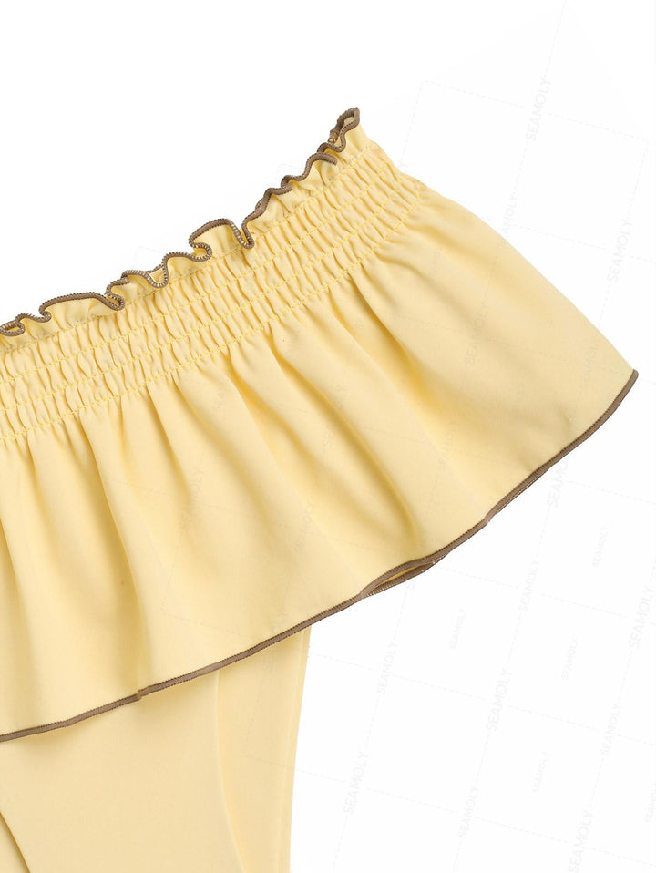 Seamolly Contrast Binding Smocked Ruffles Halter Triangle Skirtini Bikini Set