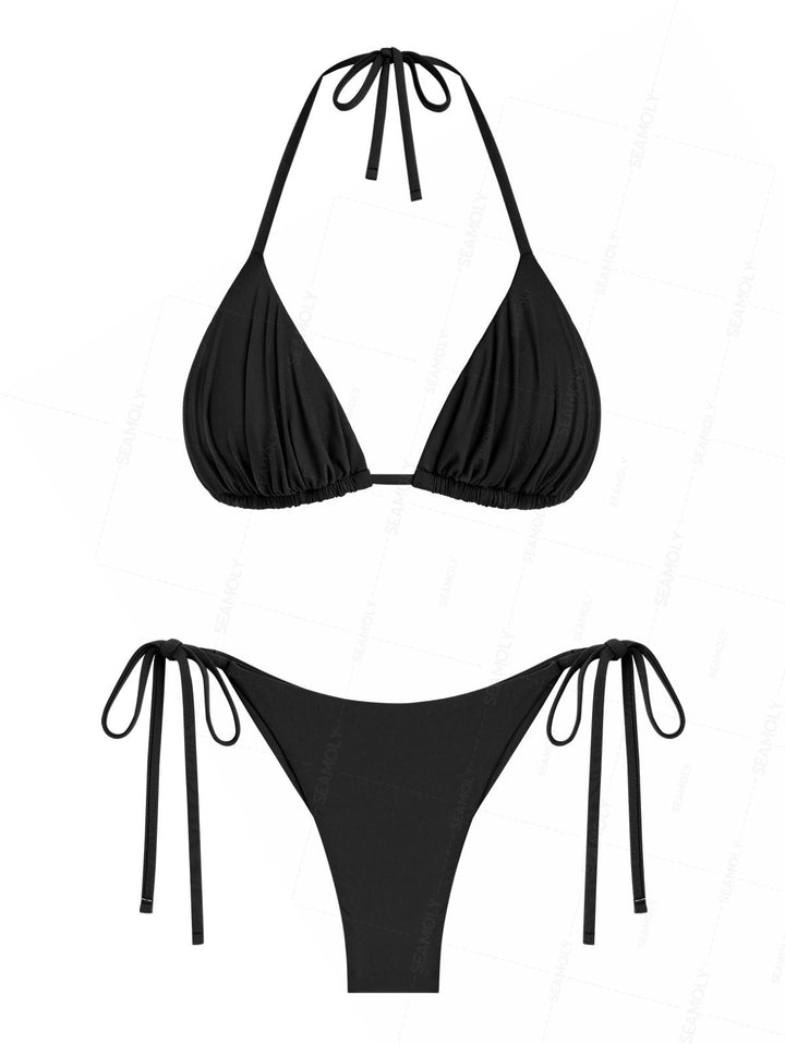 Seamolly Solid Color Ruched Halter Triangle Top & Brazilian Bottom Bikini Set