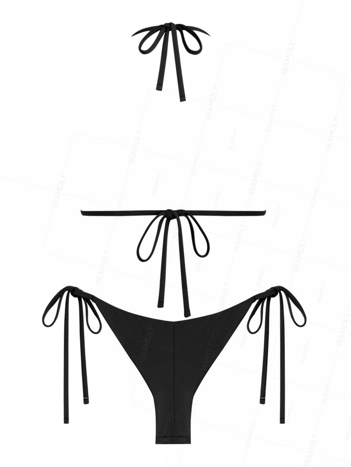 Seamolly Solid Color Ruched Halter Triangle Top & Brazilian Bottom Bikini Set