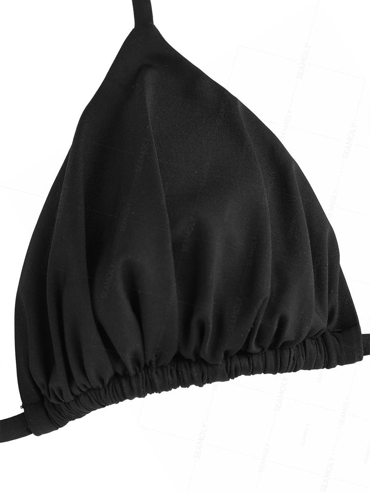 Seamolly Solid Color Ruched Halter Triangle Top & Brazilian Bottom Bikini Set