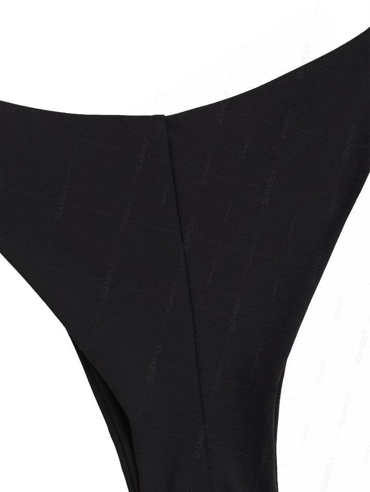 Seamolly Solid Color Ruched Halter Triangle Top & Brazilian Bottom Bikini Set