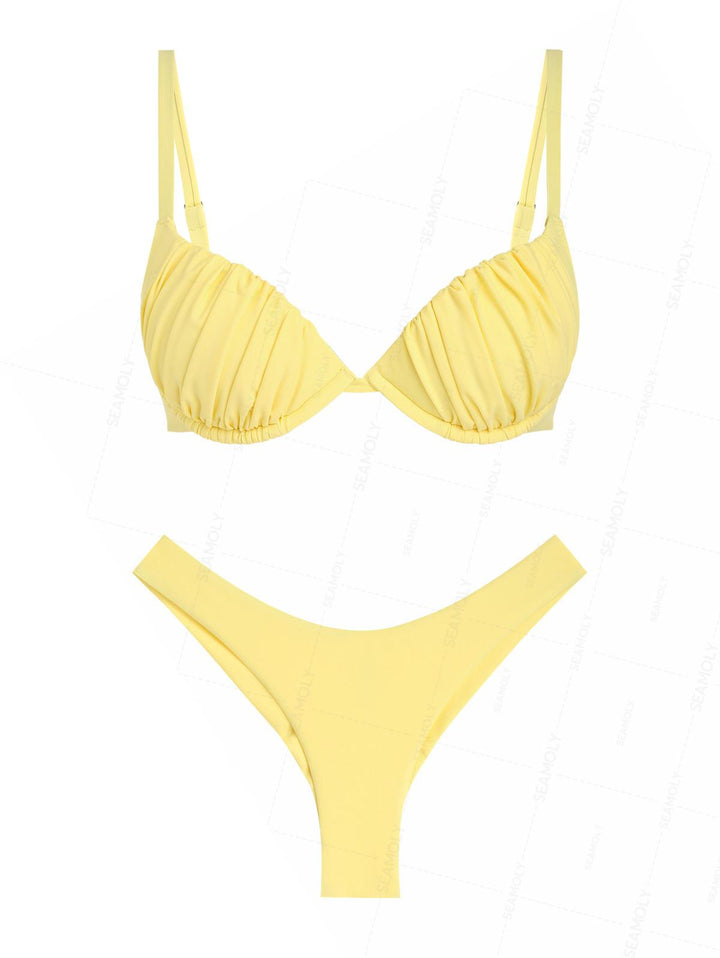 Seamolly Sexy Solid Color Ruched Underwire Push Up Bikini Set