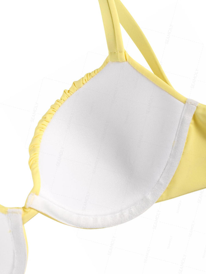 Seamolly Sexy Solid Color Ruched Underwire Push Up Bikini Set