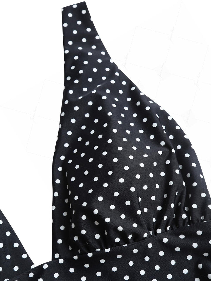 Black Polka Dot Print Ruched Plunging Neck One-piece Swimsuit