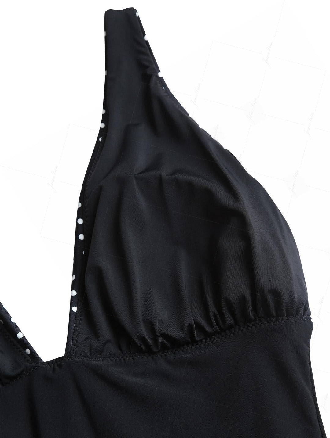 Black Polka Dot Print Ruched Plunging Neck One-piece Swimsuit