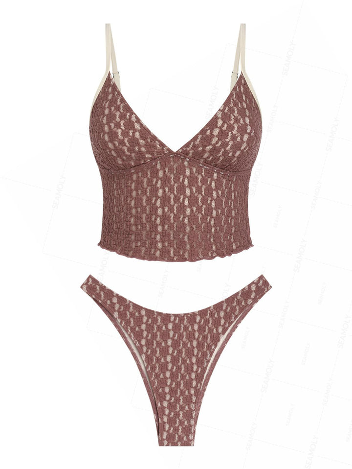 Seamolly Contrast Piping Lace Jacquard Plunging Neck Tankini Set