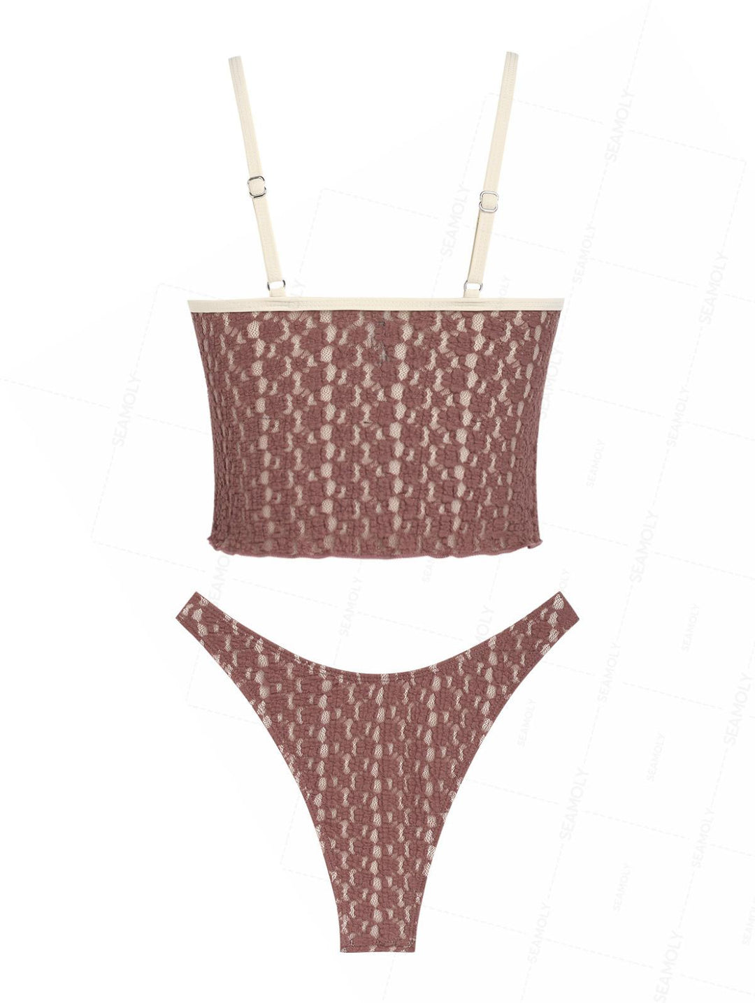 Seamolly Contrast Piping Lace Jacquard Plunging Neck Tankini Set