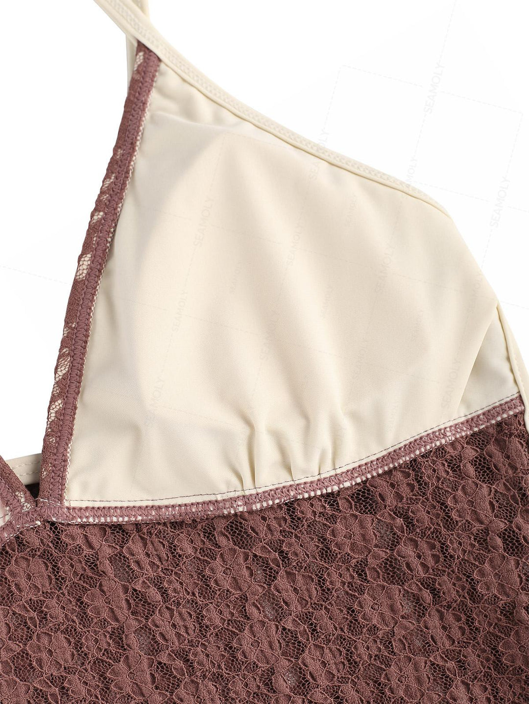 Seamolly Contrast Piping Lace Jacquard Plunging Neck Tankini Set