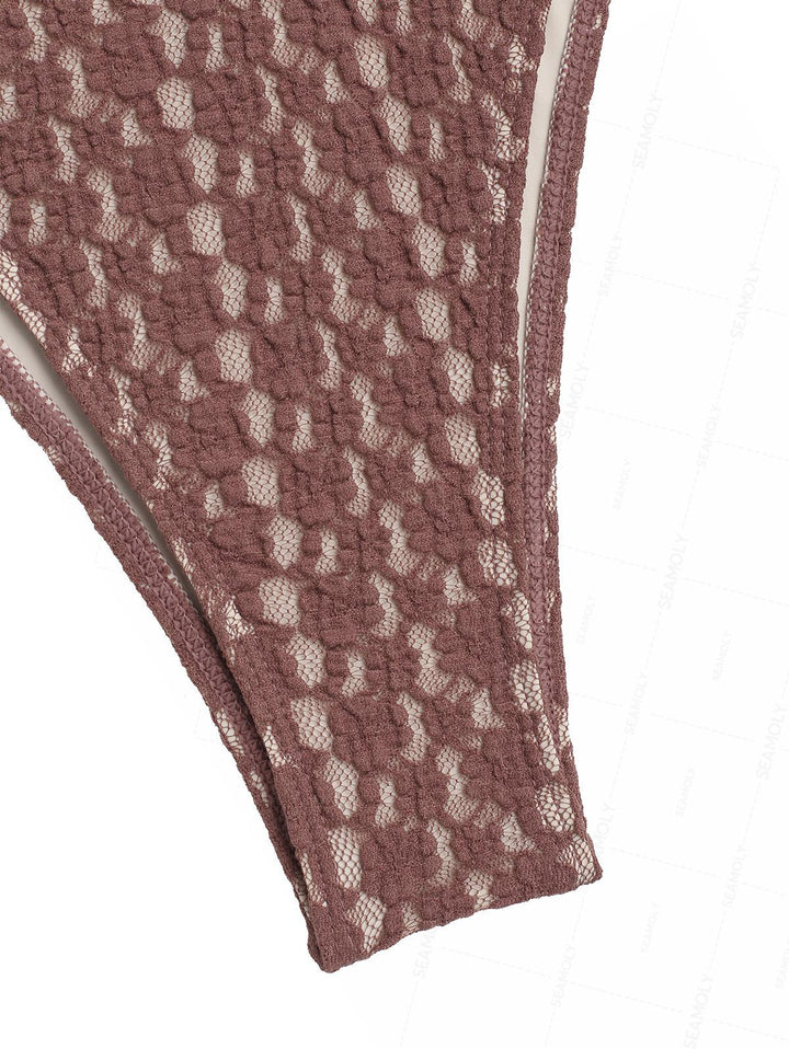 Seamolly Contrast Piping Lace Jacquard Plunging Neck Tankini Set