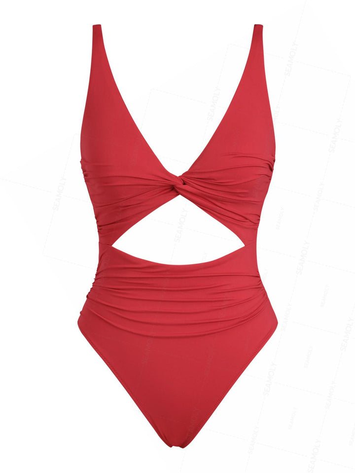 Seamolly Solid Color Twisted Cutout Ruched Tummy Control One-piece Swimsuit