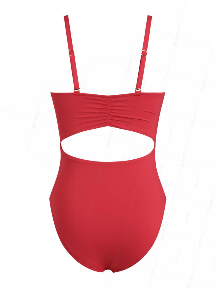 Seamolly Solid Color Twisted Cutout Ruched Tummy Control One-piece Swimsuit