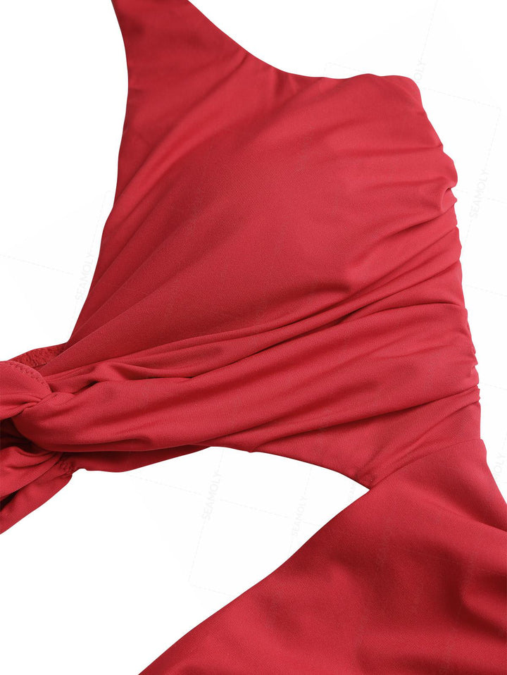 Seamolly Solid Color Twisted Cutout Ruched Tummy Control One-piece Swimsuit