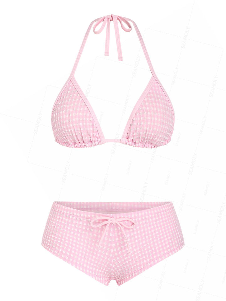 Seamolly Bubble Grid Halter Triangle Boyshorts Bikini Set