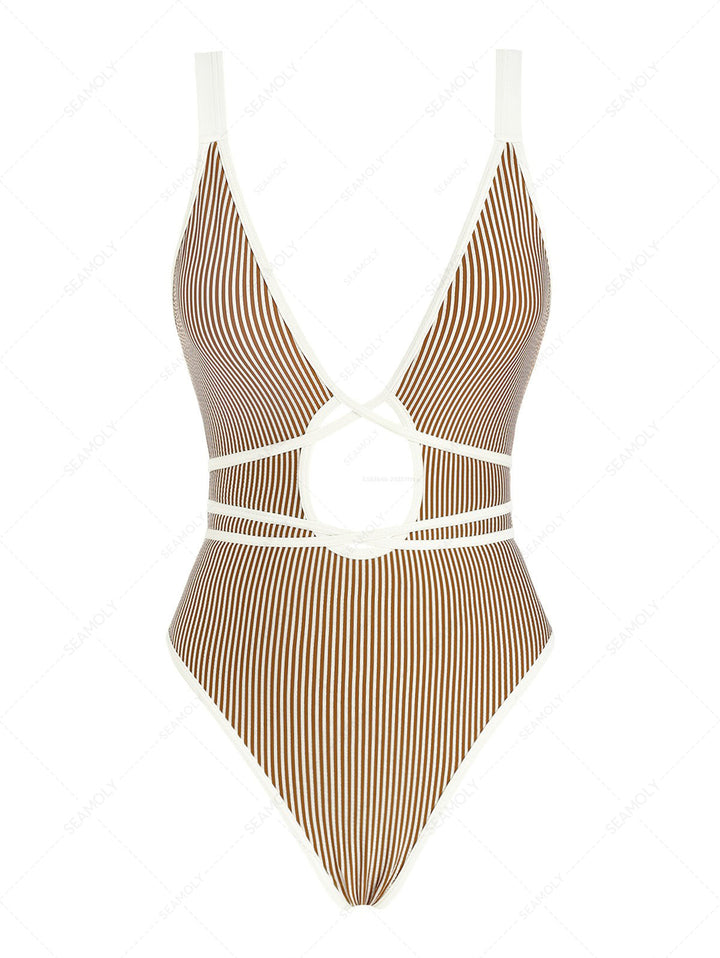 Seamolly Striped Tie Around Criss Cross Plunging Neck One-piece Swimsuit