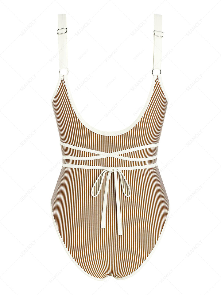 Seamolly Striped Tie Around Criss Cross Plunging Neck One-piece Swimsuit